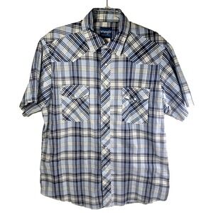 Vintage Wrangler Pearl Snap Western Shirt Mens' L Plaid Short Sleeve Blue